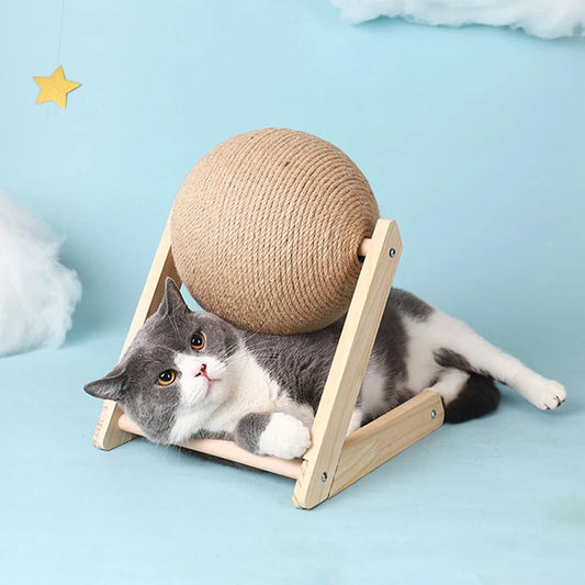 Solid Wood Natural Sisal Scratcher Cat Ball Toy_Large Size