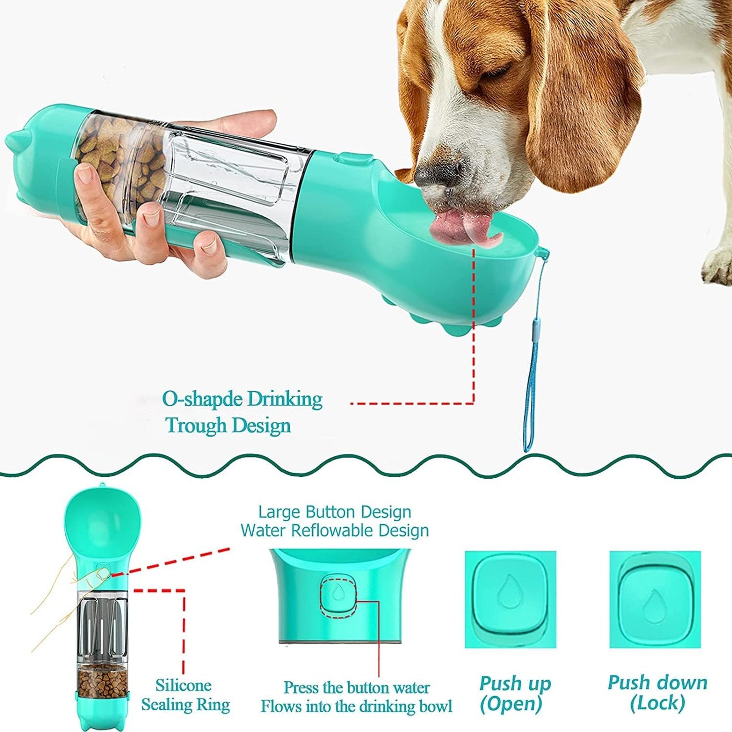 Cat Dog Water Bottle with Poop Bags Food Storage Dispenser, Leak Proof Portable Puppy Water Dispenser with Drinking Feeder for Pets Outdoor Walking Hiking Travel Food Grade Pink Blue