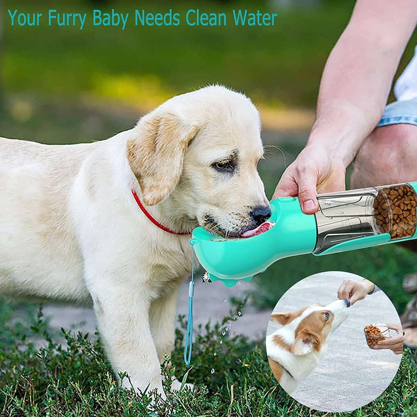 Cat Dog Water Bottle with Poop Bags Food Storage Dispenser, Leak Proof Portable Puppy Water Dispenser with Drinking Feeder for Pets Outdoor Walking Hiking Travel Food Grade Pink Blue