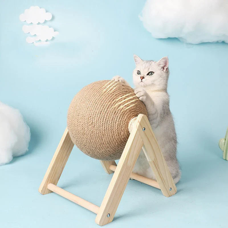 Solid Wood Natural Sisal Scratcher Cat Ball Toy_Large Size