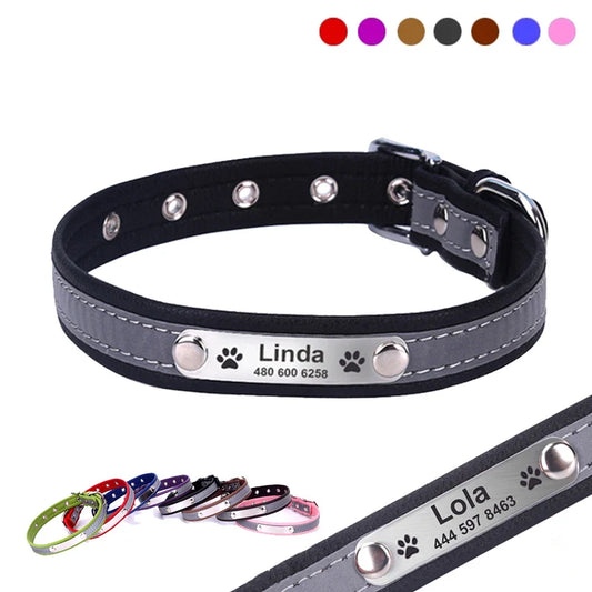 Personalized Dog Collar Leather Reflective Cat Collar Custom Engraved ID Tag Engraved For Puppy Large Dogs  Pet accessories