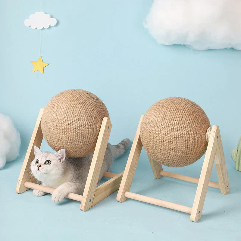 Solid Wood Natural Sisal Scratcher Cat Ball Toy_Large Size