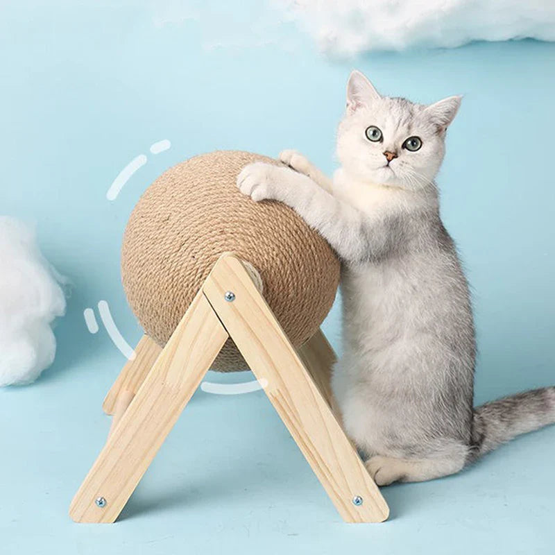 Solid Wood Natural Sisal Scratcher Cat Ball Toy_Large Size