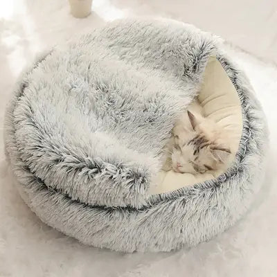 Round Plush Cat Bed Fluffy Hooded Cave for Indoor Cats and Small Dogs