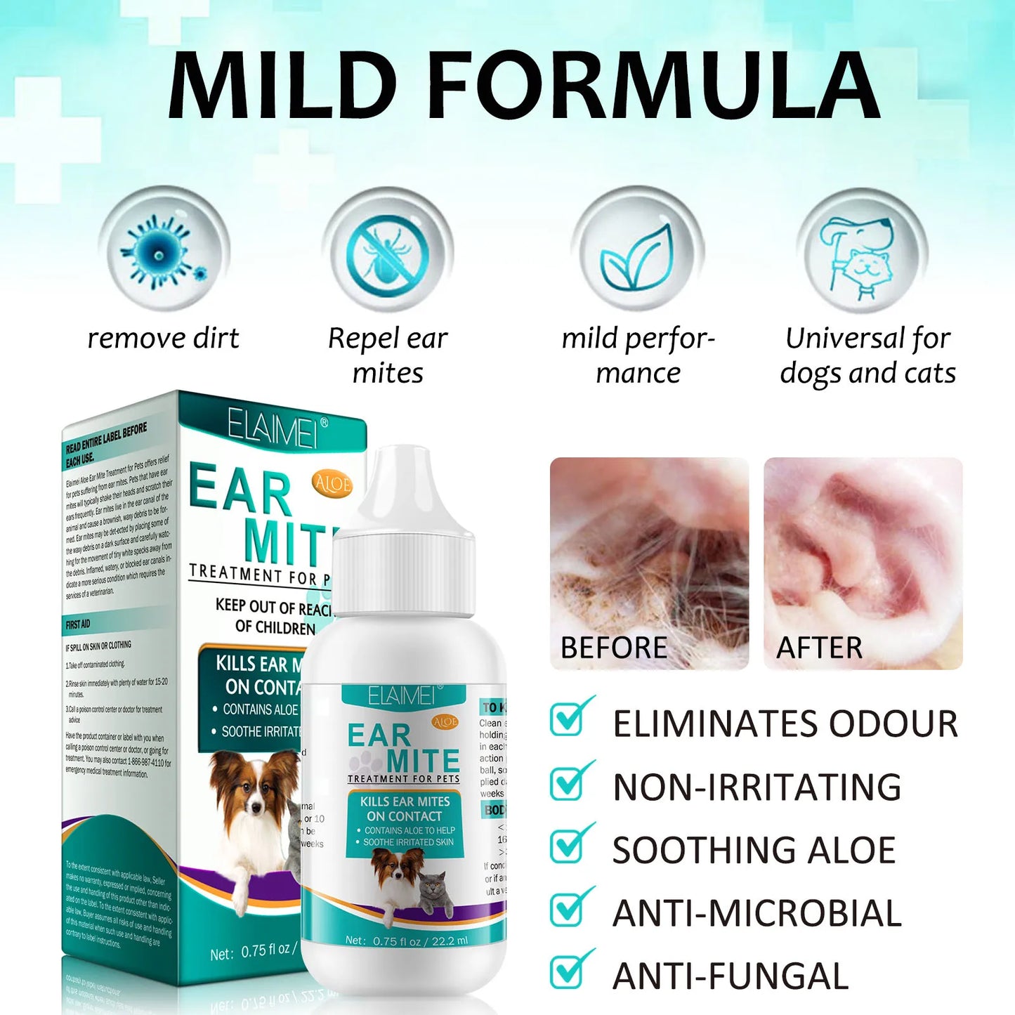 Aloe Ear Mite Treatment for Pets Medicine Kills Ticks Relieve Itchiness Soothes Ears with Aloe 2 Bottles Pack for Dogs and Cats