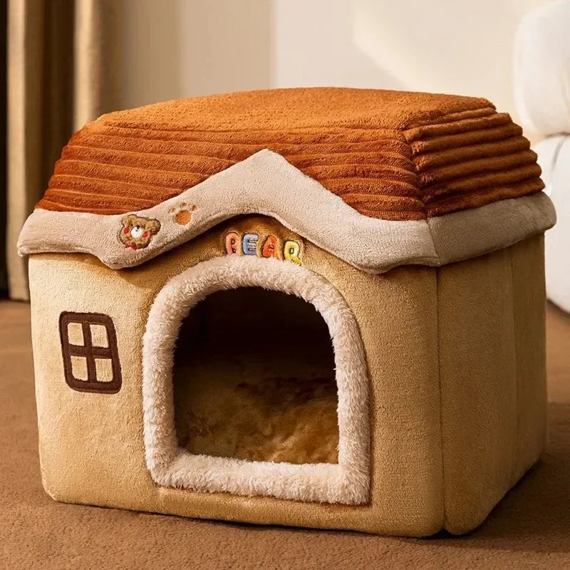 Foldable Cat House with Pet Pad 7 Inch Pet House for Small Dogs and Kittens (Brown)