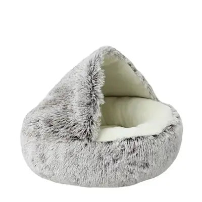 Round Plush Cat Bed Fluffy Hooded Cave for Indoor Cats and Small Dogs