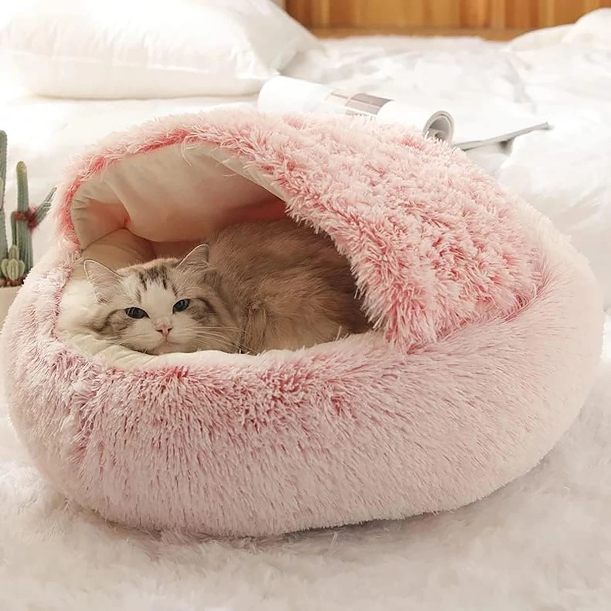 Round Plush Cat Bed Fluffy Hooded Cave for Indoor Cats and Small Dogs