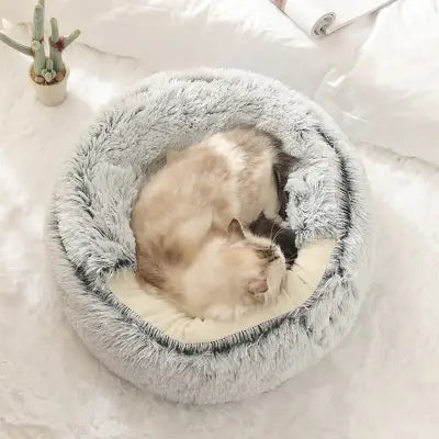 Round Plush Cat Bed Fluffy Hooded Cave for Indoor Cats and Small Dogs