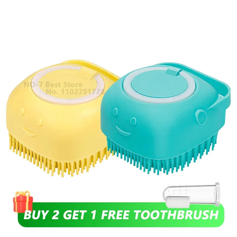 Dog Bathing Brush Pet Massage Brush Shampoo Dispenser Soft Silicone Brush Rubber Bristle for Dogs and Cats Shower Grooming Tool