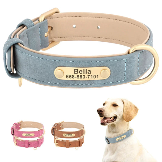 New Soft Padded Personalized PU Leather Dog Collar with Free Engraved ID Tag for Small, Medium and Large Dogs - Ideal for Pugs a