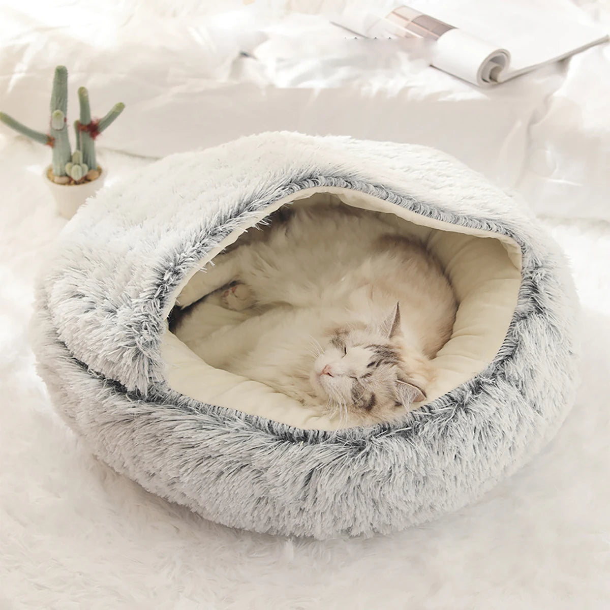 Round Plush Cat Bed Fluffy Hooded Cave for Indoor Cats and Small Dogs