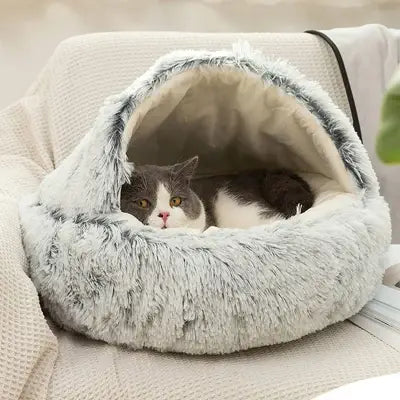 Round Plush Cat Bed Fluffy Hooded Cave for Indoor Cats and Small Dogs