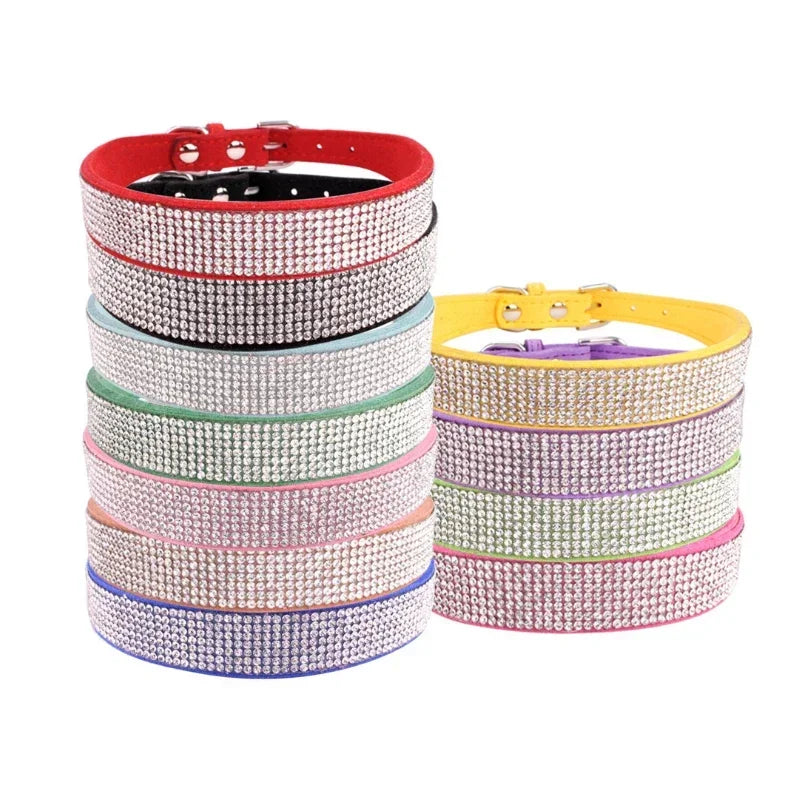 Suede Fiber Crystal Dog Collar Comfortable Glitter Rhinestone Dog Collars Zinc Alloy Buckle Collar for Small Dogs Cats XXS-L